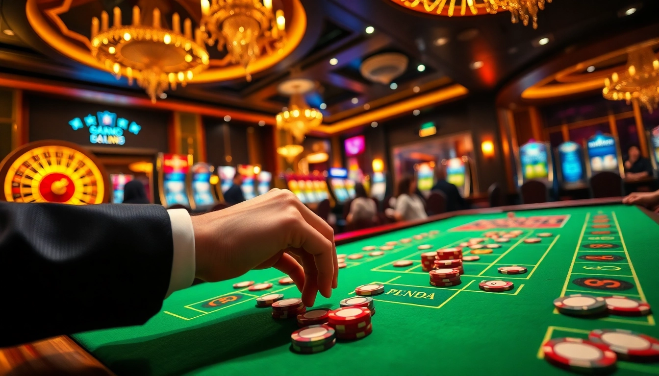 Experience the thrill of online gambling at https://bem88i.com/ with vibrant casino visuals highlighting poker chips and roulette.