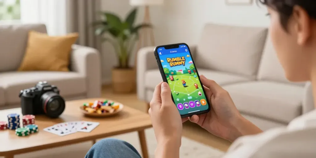Engaging mobile gaming experience with Rumble Rummy app displayed on smartphone in a cozy living room setting.