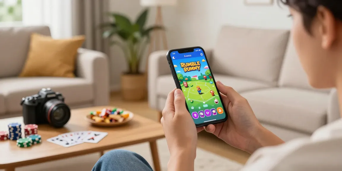 Engaging mobile gaming experience with Rumble Rummy app displayed on smartphone in a cozy living room setting.