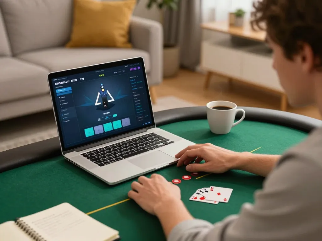 Gambling on n188 com with strategic poker gameplay at home, cozy atmosphere, and focused player