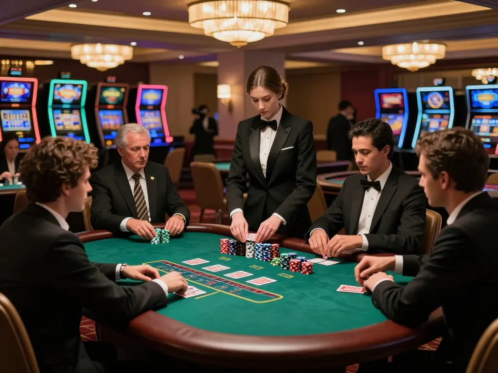 Pemain yang terlibat di meja blackjack mewah di kasino, taruhan strategis meningkatkan kegembiraan permainan yang cukup.