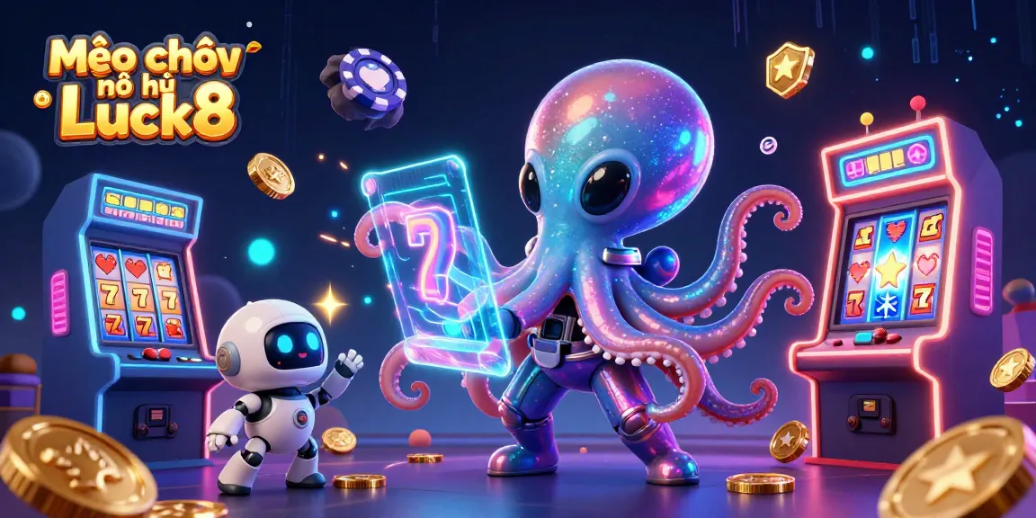 Experience Mẹo chơi nổ hũ Luck8 with an alien octopus and a robot at a holographic slot machine.