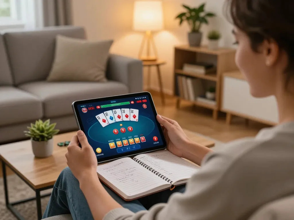 Engaging in online poker gameplay at u888 trang chủ from a cozy home setting, showcasing a dynamic gaming atmosphere.