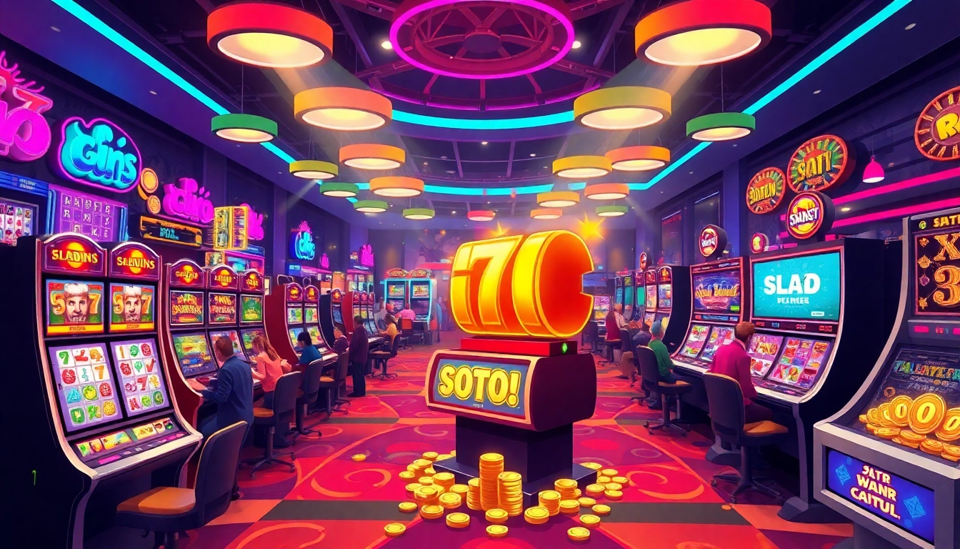 Main Slot Game machines in vibrant casino setting attracting players excitedly.