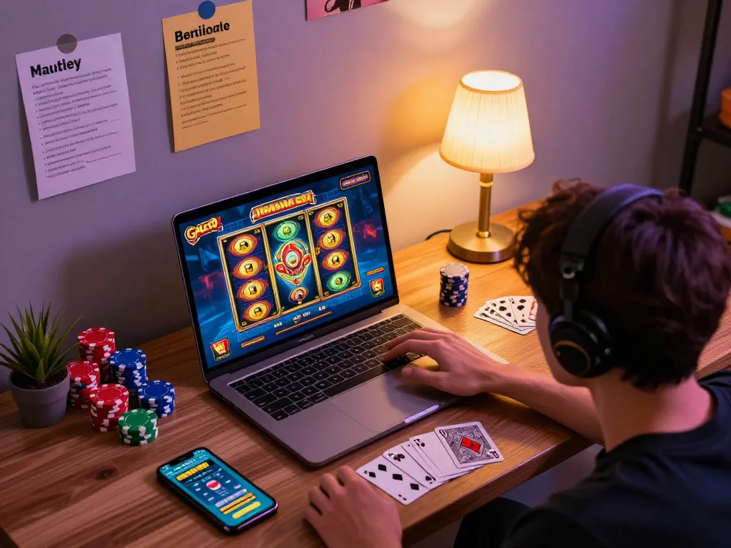 Player enjoying slot gacor game on laptop, vibrant home setup with gaming chips and motivational notes.