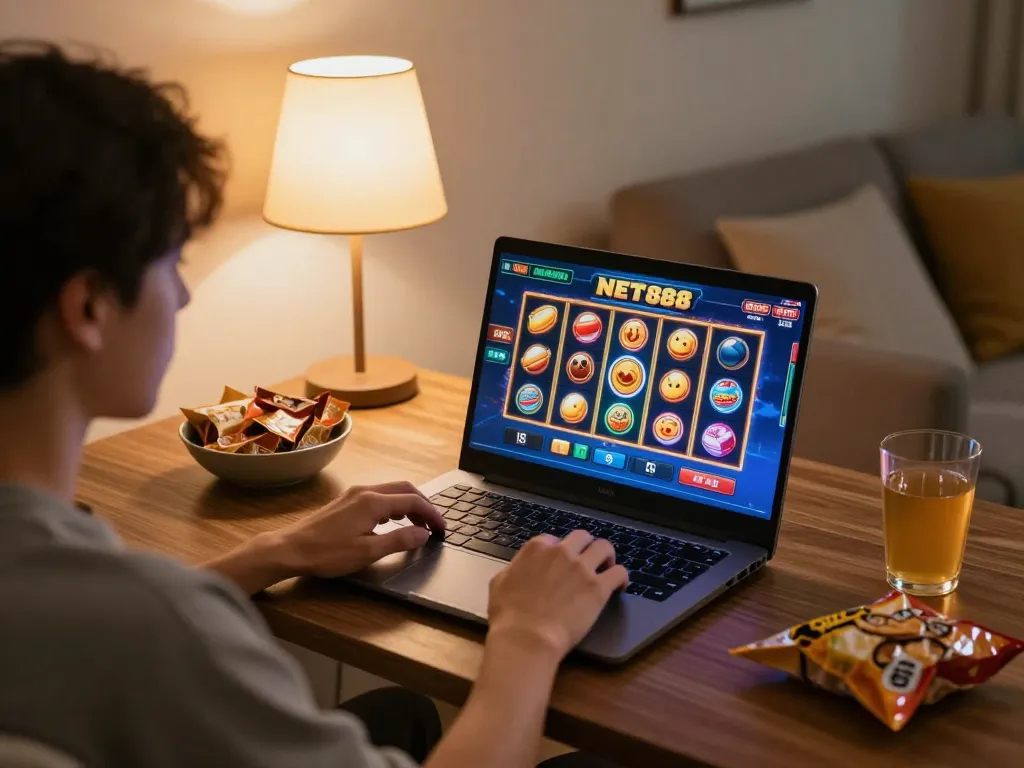 Engaged player enjoying NET88 online casino gaming on laptop, vibrant slot graphics visible.