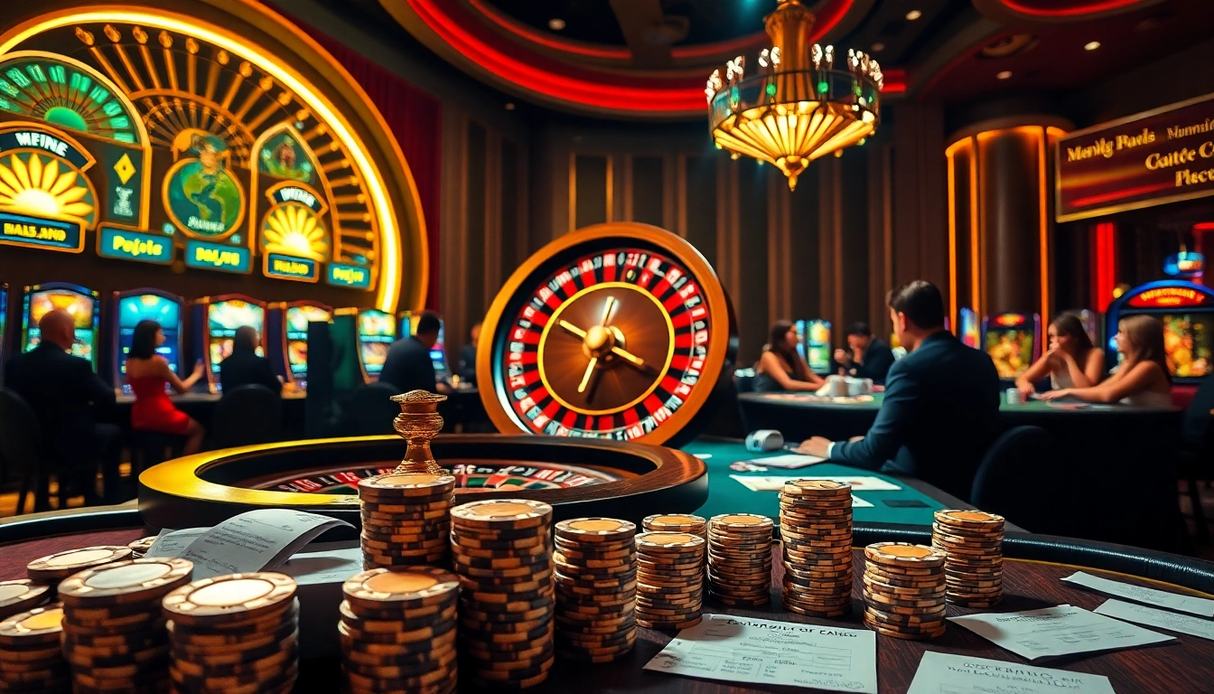 Experience the excitement of 5z7772 com at luxurious casino tables featuring poker chips and roulette wheels.