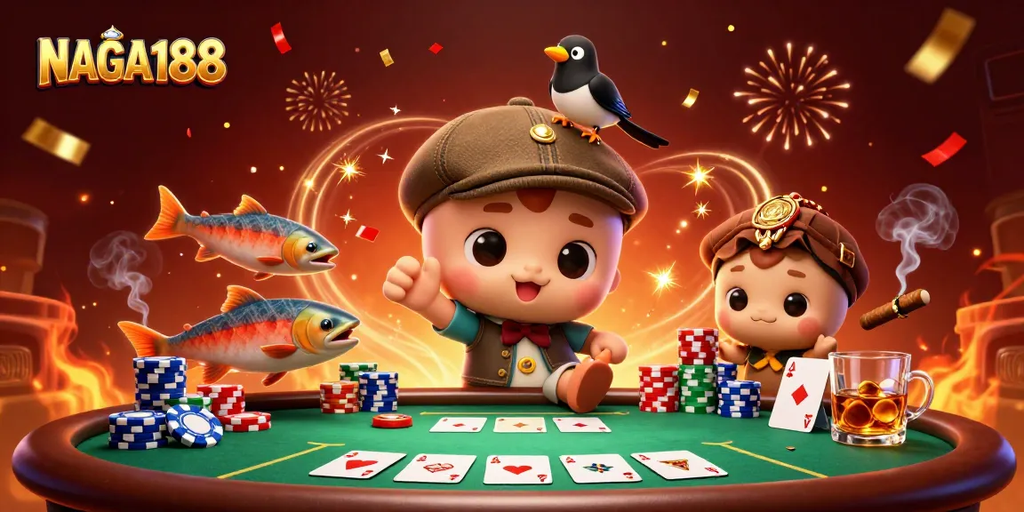 NAGA188 bermain poker dengan karakter lucu dan dekorasi meriah, menarik perhatian pemain judi.