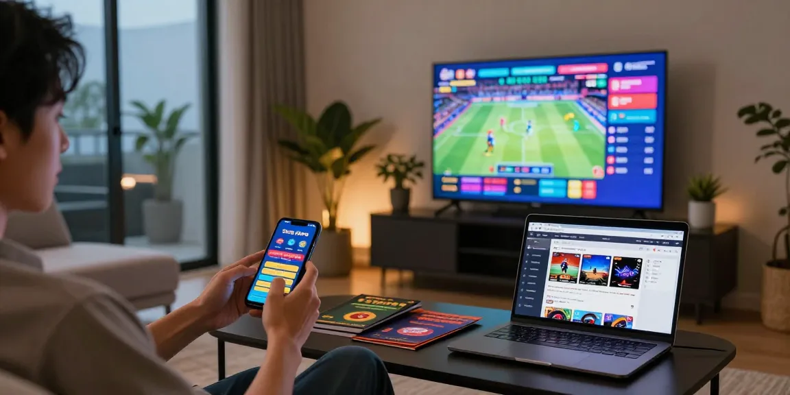 User enjoying pakde4d online togel betting on smartphone in cozy living room.