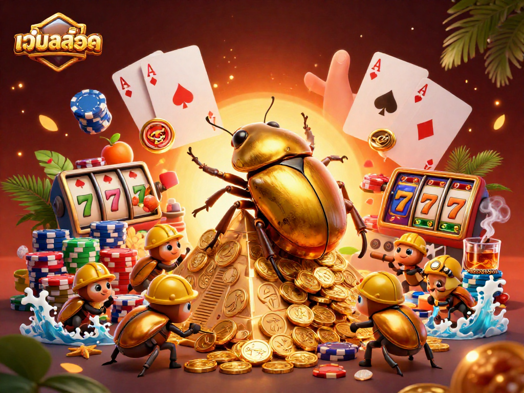 Spin to win at เว็บสล็อต with golden beetles and vibrant casino elements in a thrilling scene!