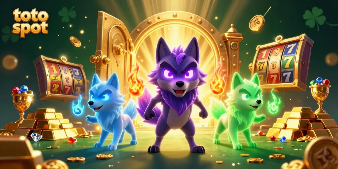 Experience thrilling toto slot adventures with ghostly wolf characters among dazzling riches in this vibrant scene.