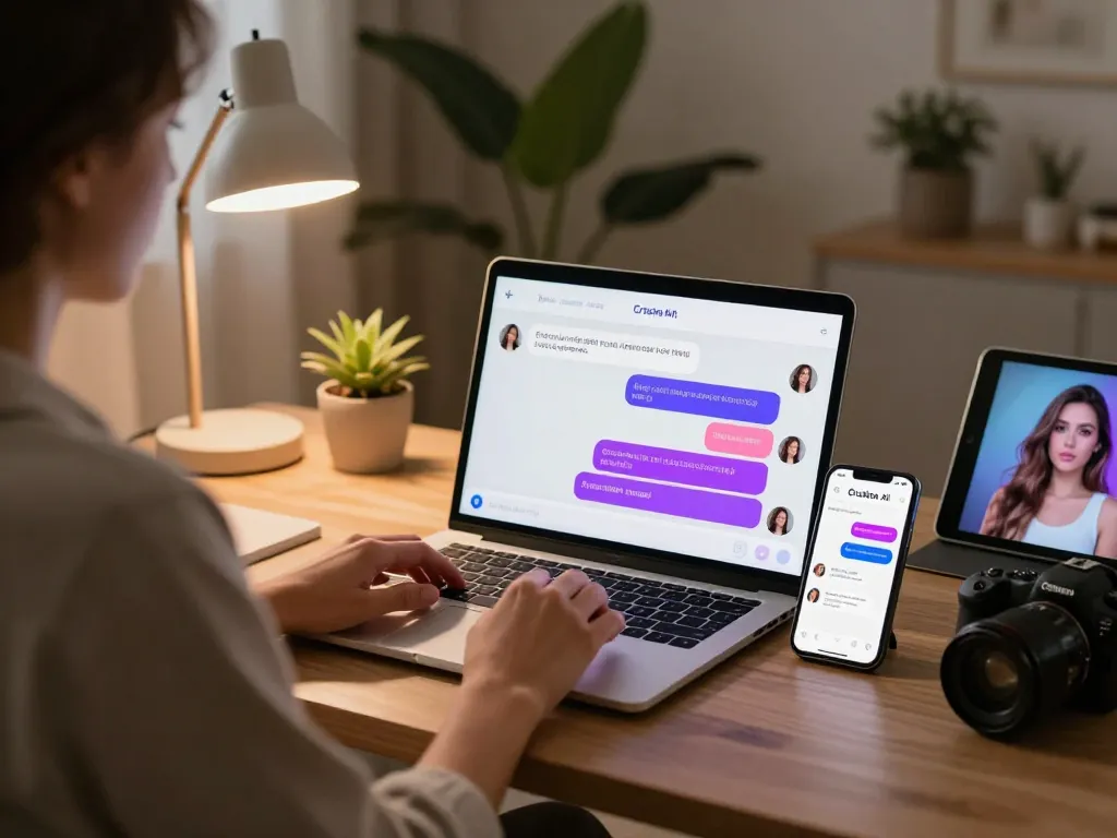 Person enjoying free ai sex chat in a modern home office with interactive AI models.