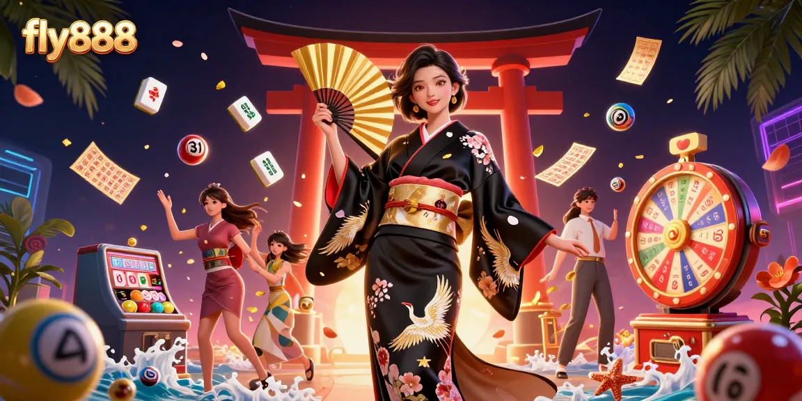 Experience thrilling gaming at fly888 with an enchanting Asian casino scene and vibrant lottery elements.
