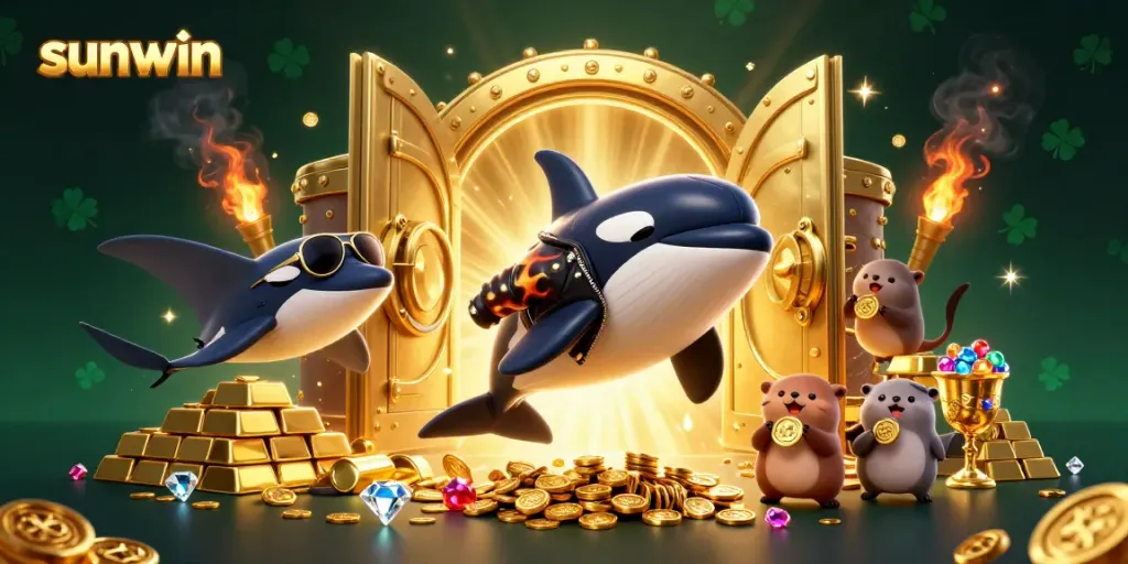 Experience thrilling wins with sunwin as the 3D cartoon orca leaps and otters float with gold coins.