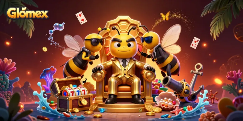 Experience thrilling gameplay with Glomex in this vibrant casino-themed illustration.
