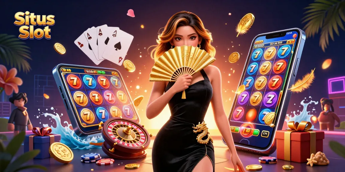 Engage with Situs Slot in a vibrant scene filled with spinning slots, gold coins, and captivating characters.