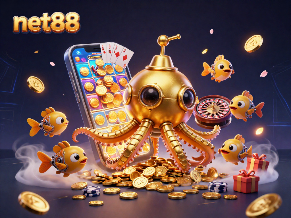 Win big with net88 at a vibrant online casino featuring 3D golden kraken and slot games!