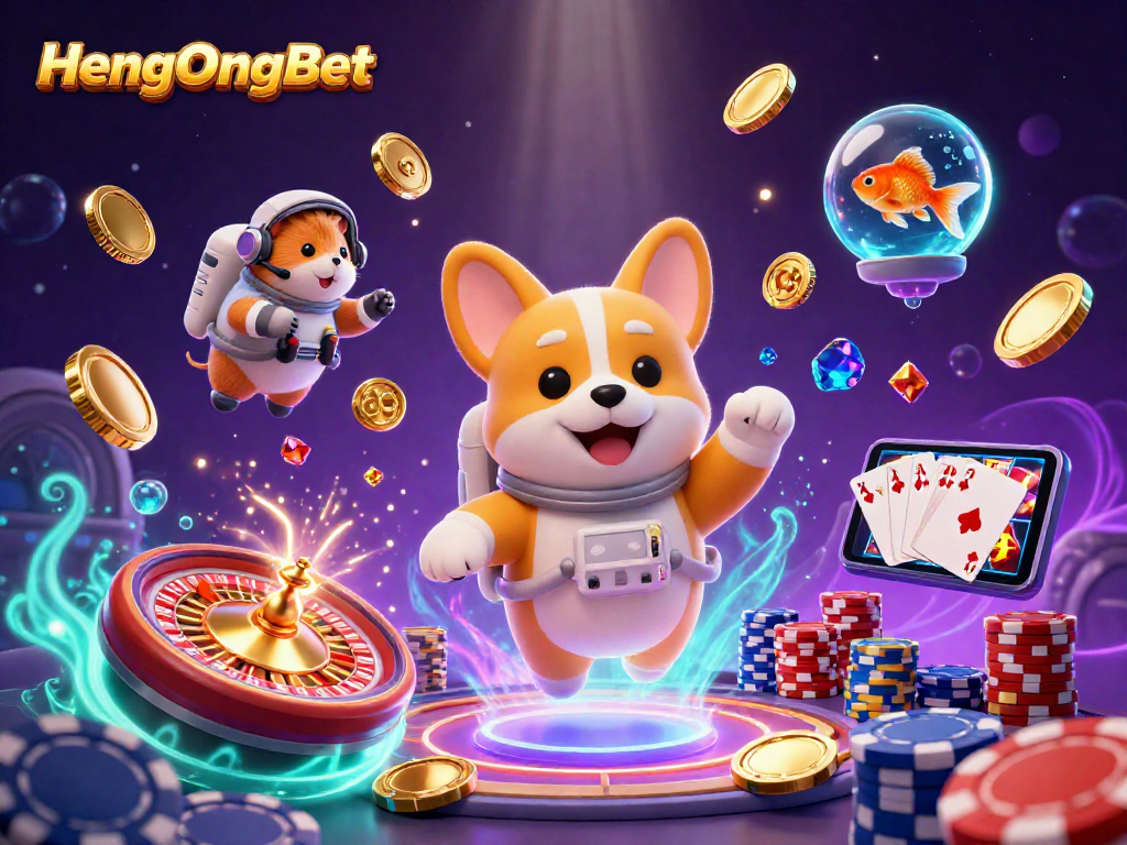 Engage with HengOngBet in a vibrant, animated space casino scene featuring floating characters and gold coins.
