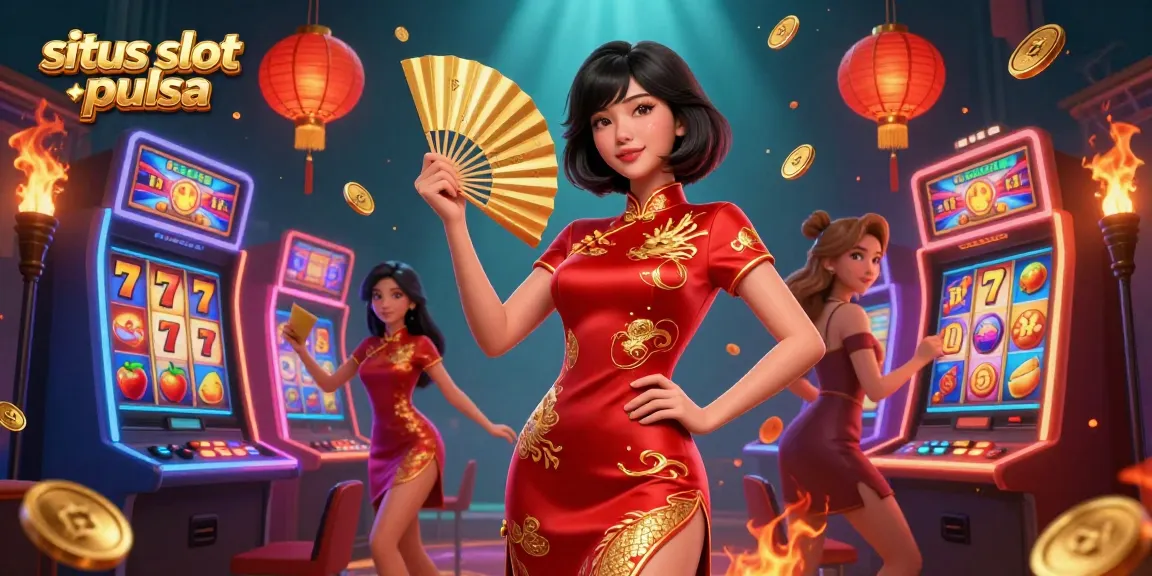 Putar dengan semangat di situs slot pulsa dalam suasana kasino yang hidup dengan karakter yang ceria dan elemen permainan slot.