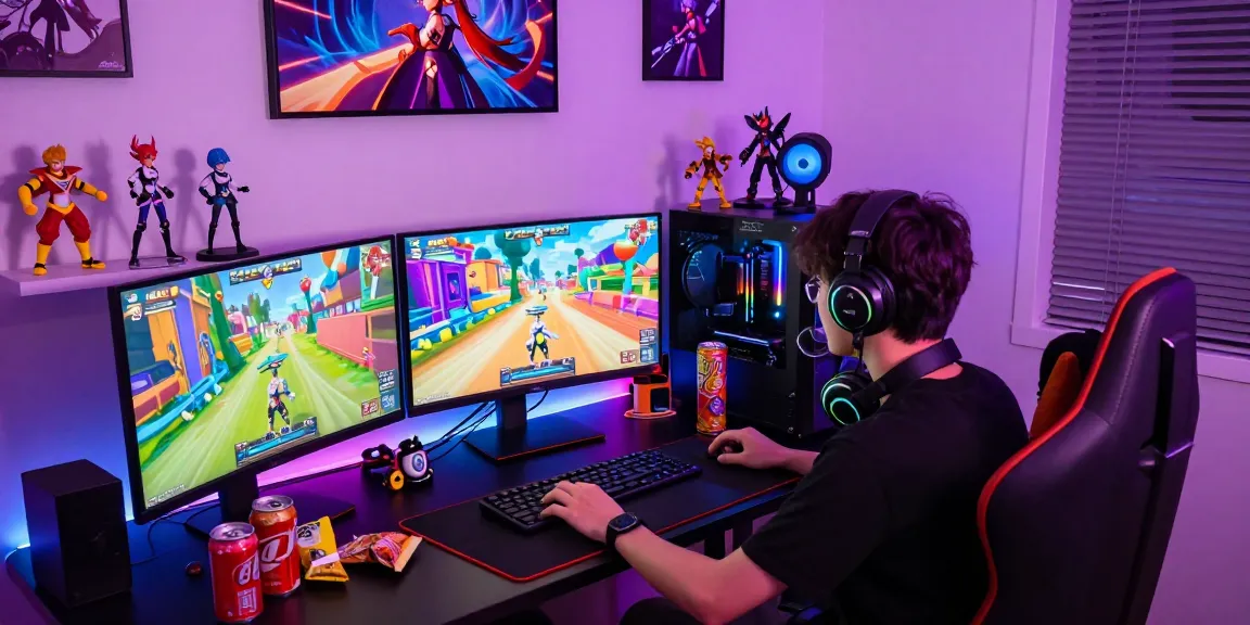 Engaged player enjoying an ecchi game in a colorful gaming room