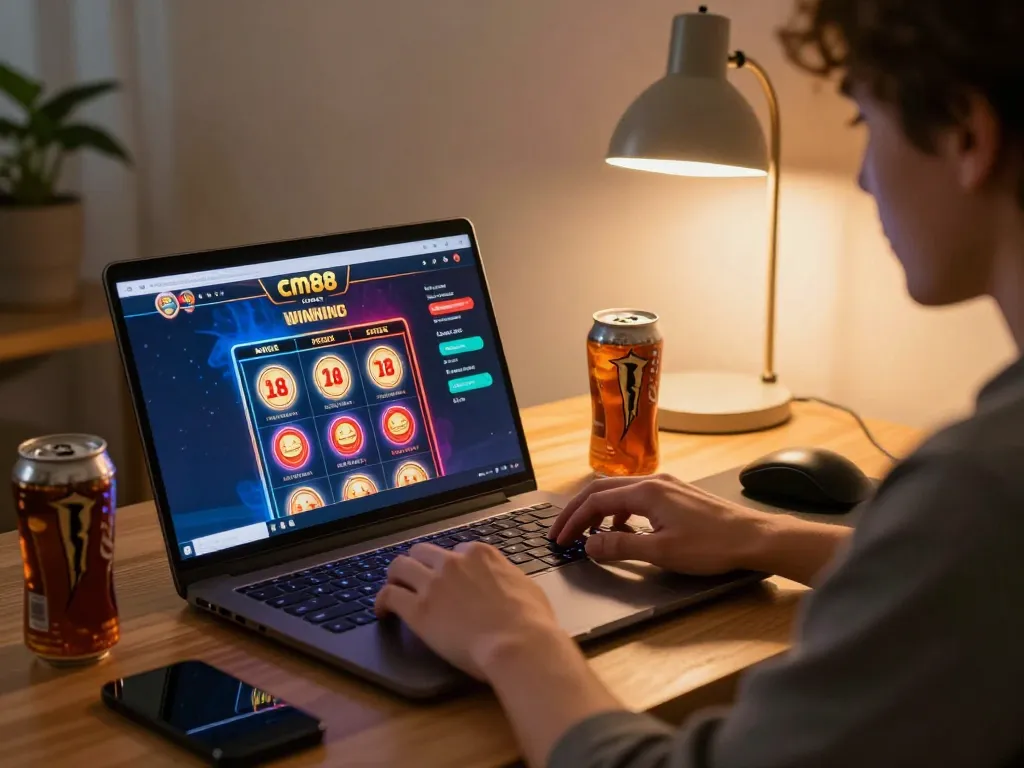 Player enjoying cm88 online casino experience at home, engaging in a thrilling gaming session.