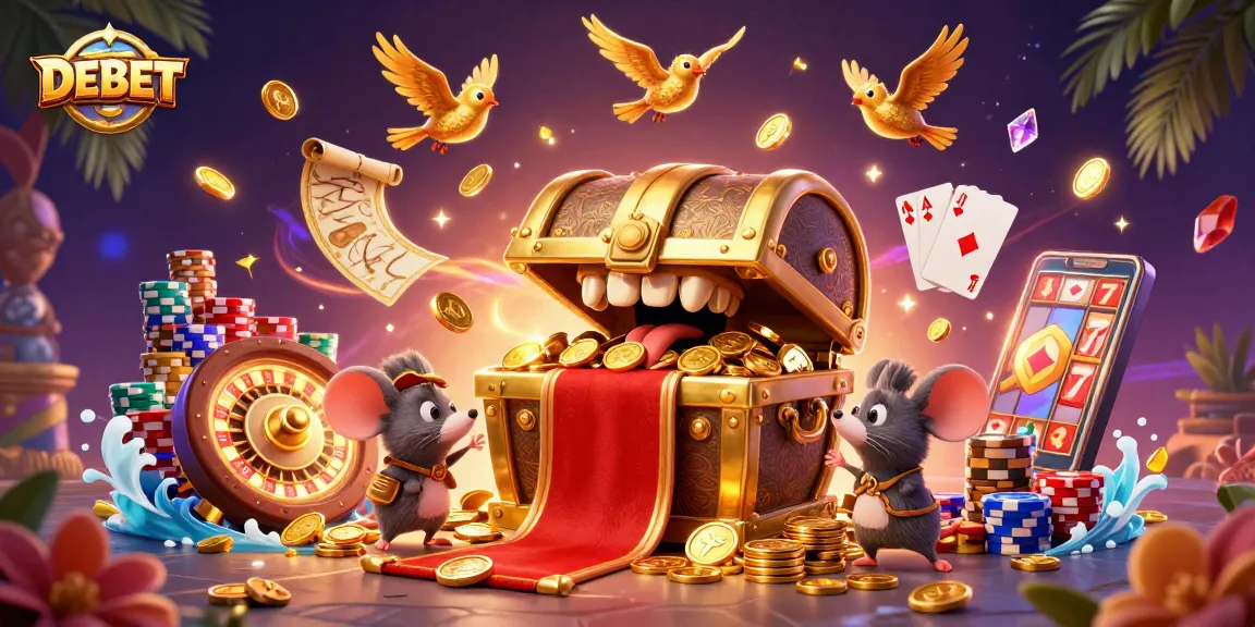 Experience DEBET's thrilling casino adventure with a treasure chest, coins, and a dynamic game scene.
