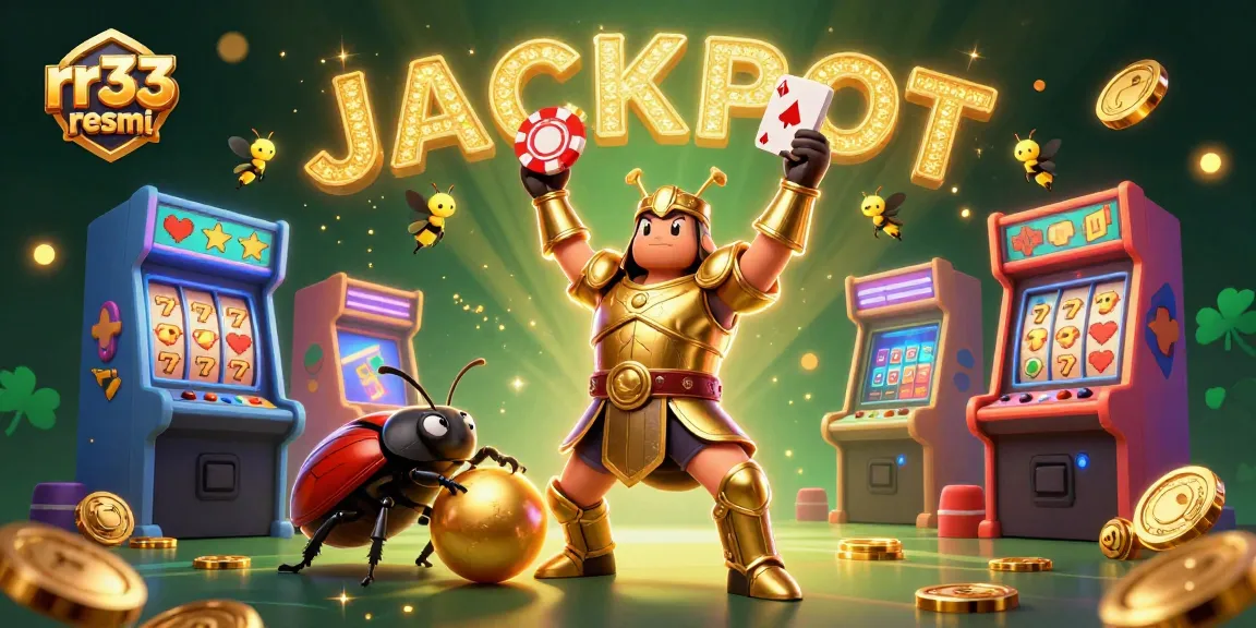 Engage at rr33 resmi with exciting jackpots illustrated by a heroic beetle and glowing game elements.