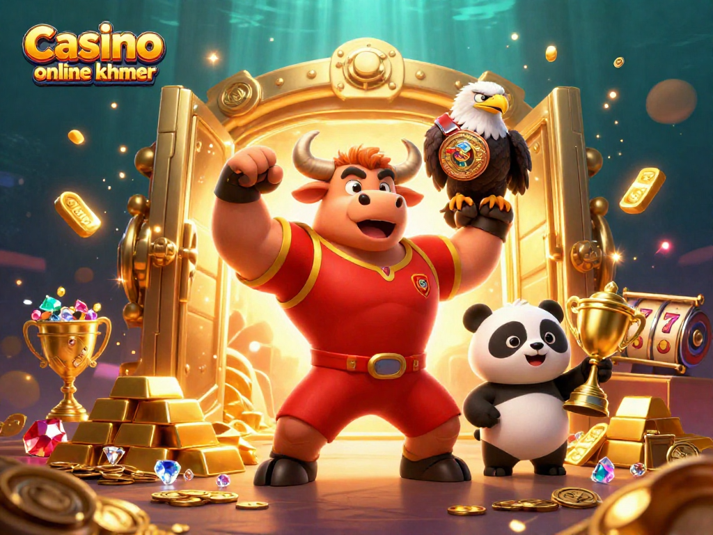 Engage in thrilling fun at Casino online khmer with a vibrant 3D casino scene featuring cartoon characters and gold elements.