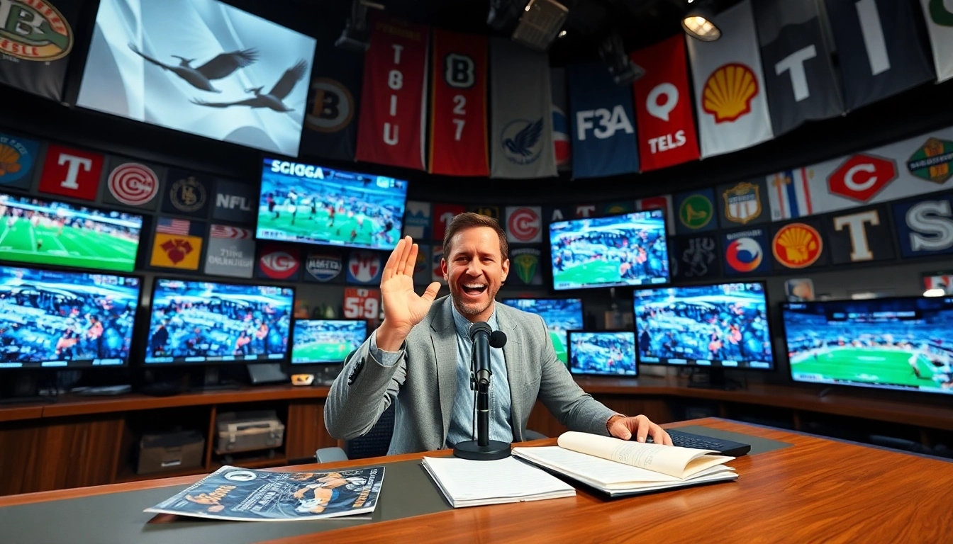 Engaging scene of sports broadcasting with a commentator surrounded by live sports feeds, showcasing energy.
