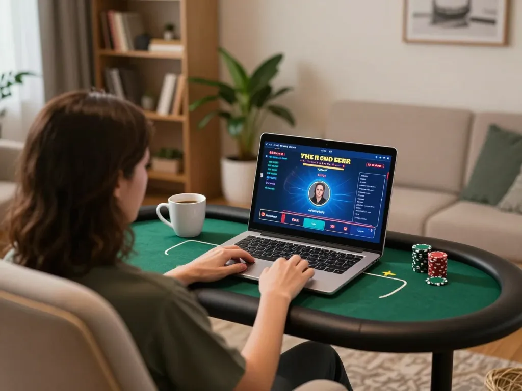 Engaging in online poker at home with 88i casino gaming interface on laptop