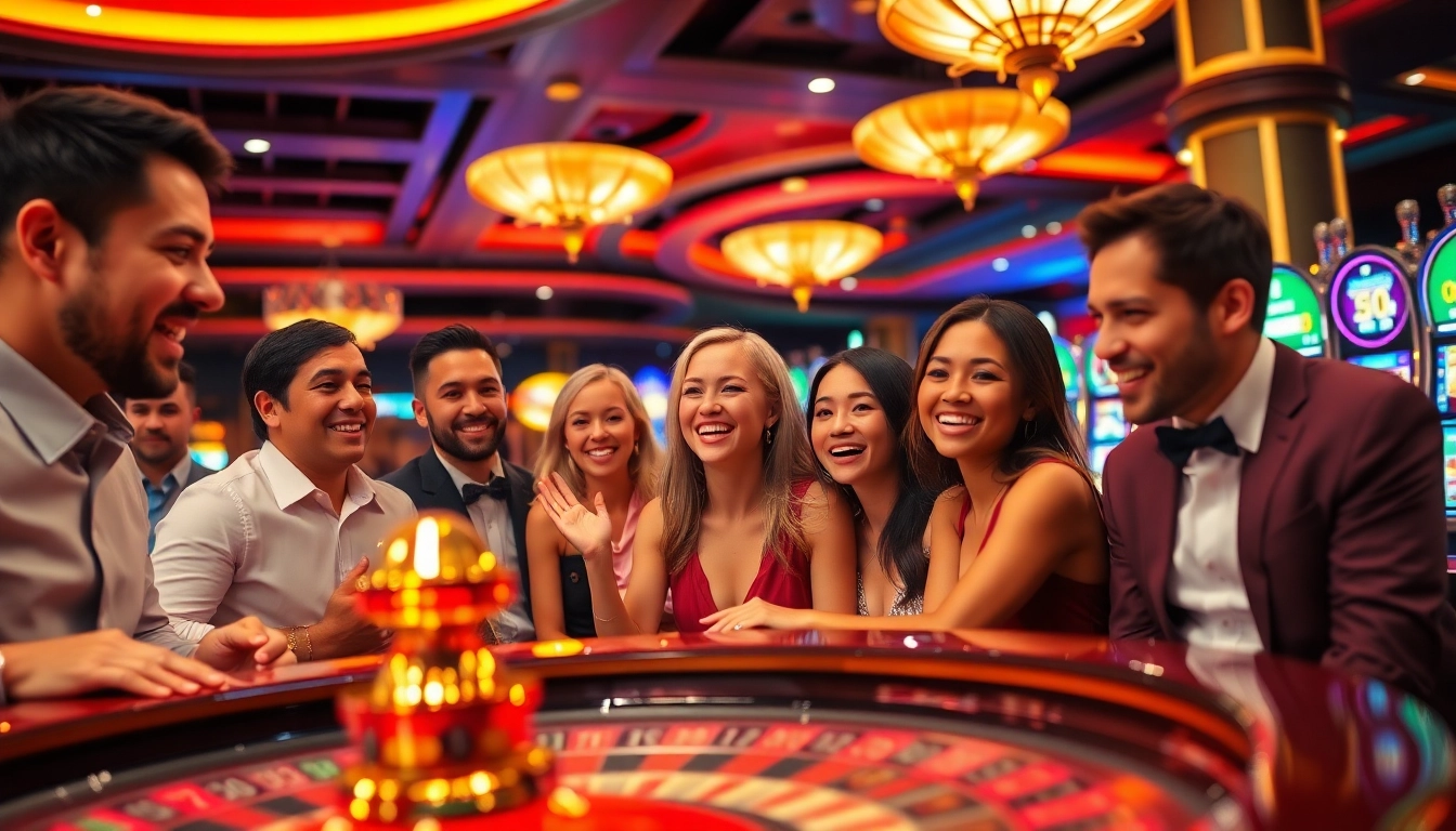 Erlebe spannende Momente bei casino spiele.de mit lebhaften Spielern und bunten Spielautomaten im Hintergrund.