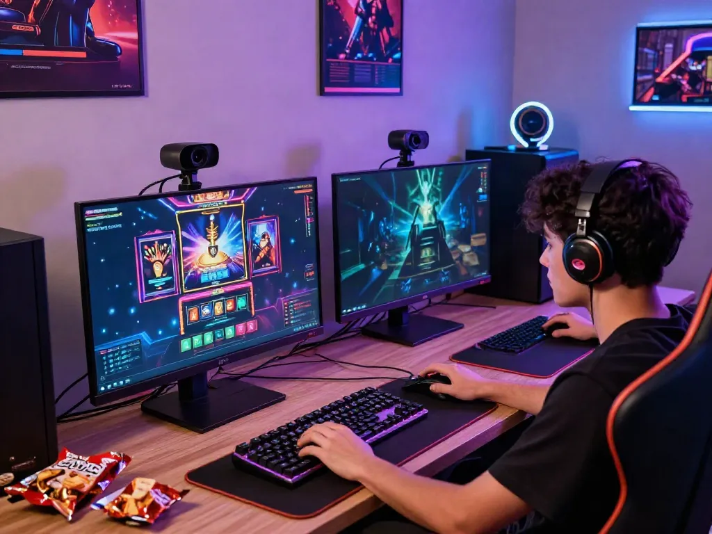 Gamer engaging with akunjp slot game on a dual-monitor setup with vibrant graphics.