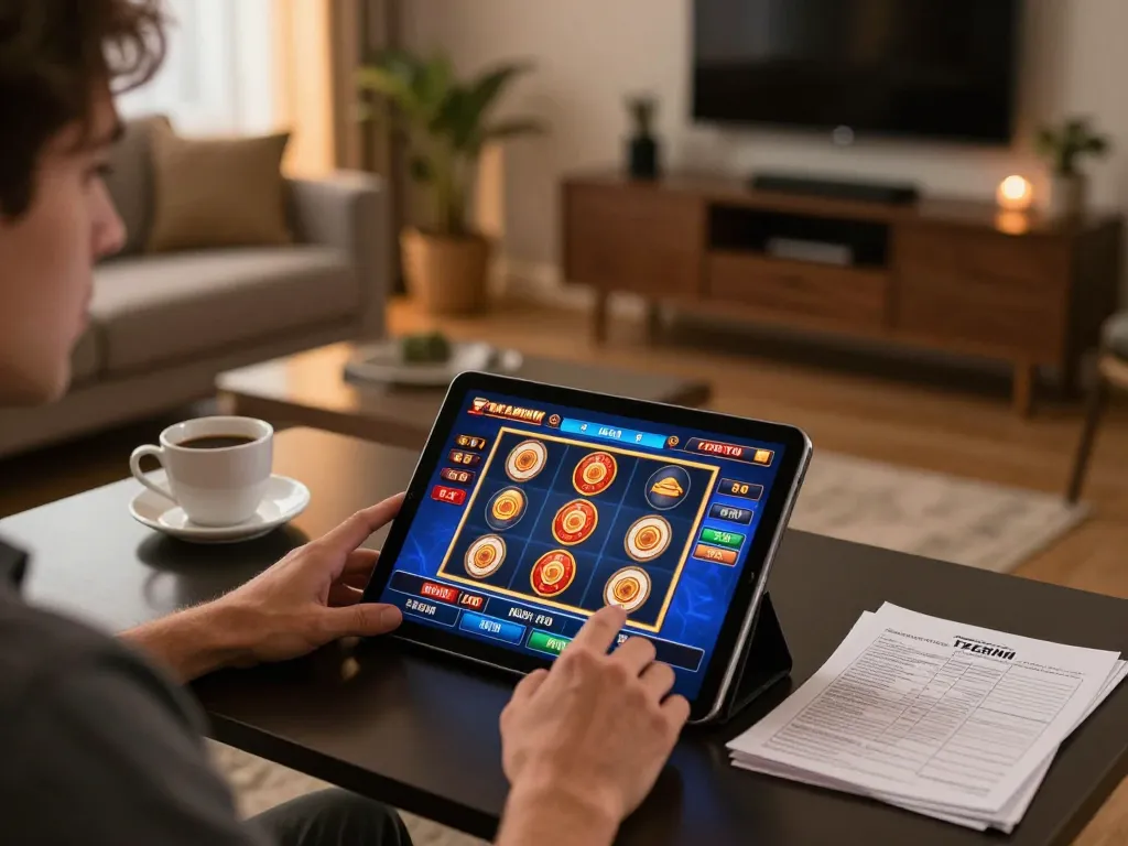 Engaging in an online slot game at home, showcasing lc88's vibrant gaming options in a cozy setting.