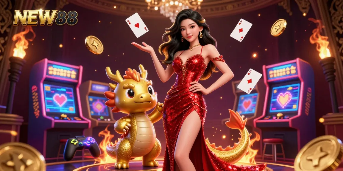 Experience thrilling gaming with NEW88's captivating casino scene featuring a dazzling Asian woman and a golden dragon.