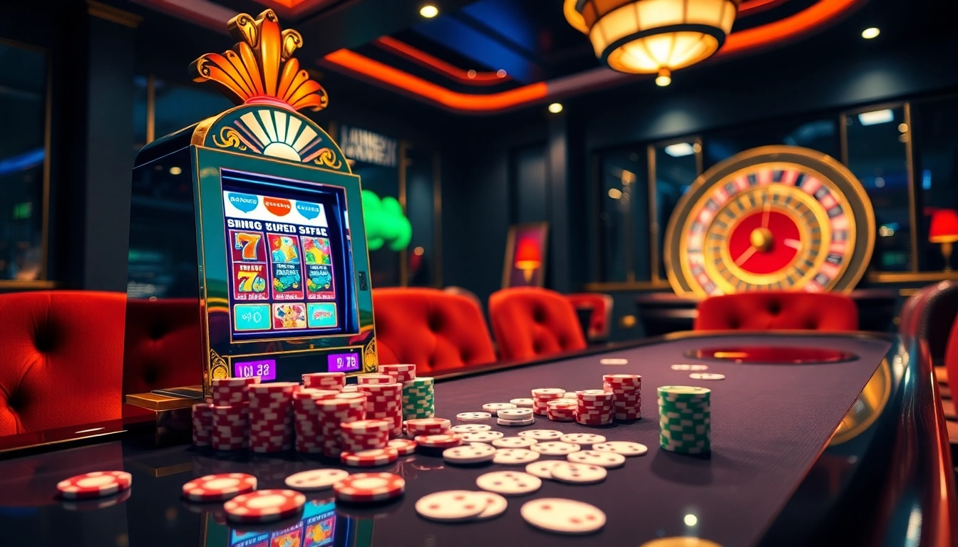 Spin the reels on bro138's vibrant slot machine at a luxurious casino, surrounded by poker chips and cards.
