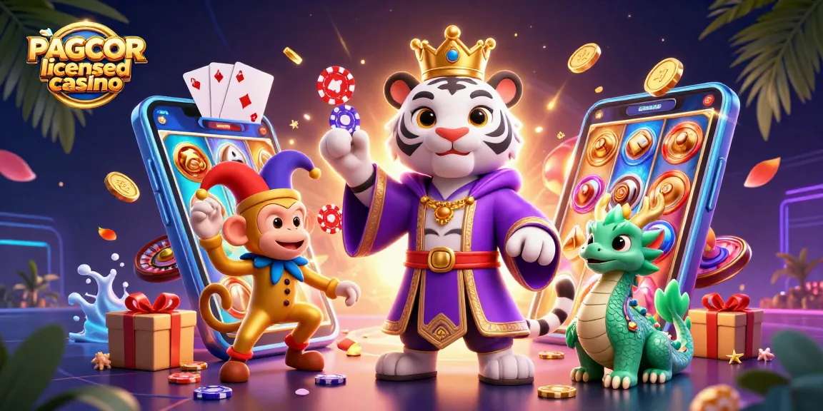 PAGCOR licensed casino illustration featuring a regal tiger, a jester monkey, and a vibrant jade dragon with gaming elements.