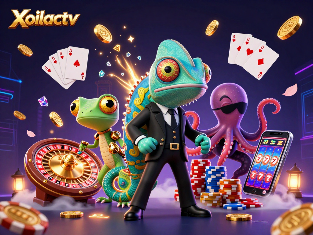 Xoilactv showcases a thrilling casino scene with a secret agent chameleon, tech-gecko, and octopus amidst golden coins and roulette.