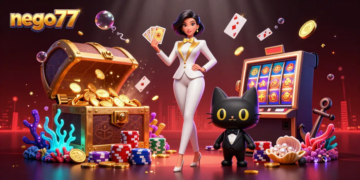 Nego77 showcases a dynamic casino scene with a glamorous woman and a tuxedo cat surrounded by spinning slot reels and treasure.