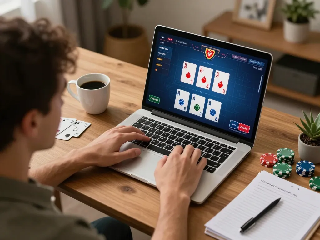 Poker game on KO66 com laptop with focused player strategy notes and warm ambiance.