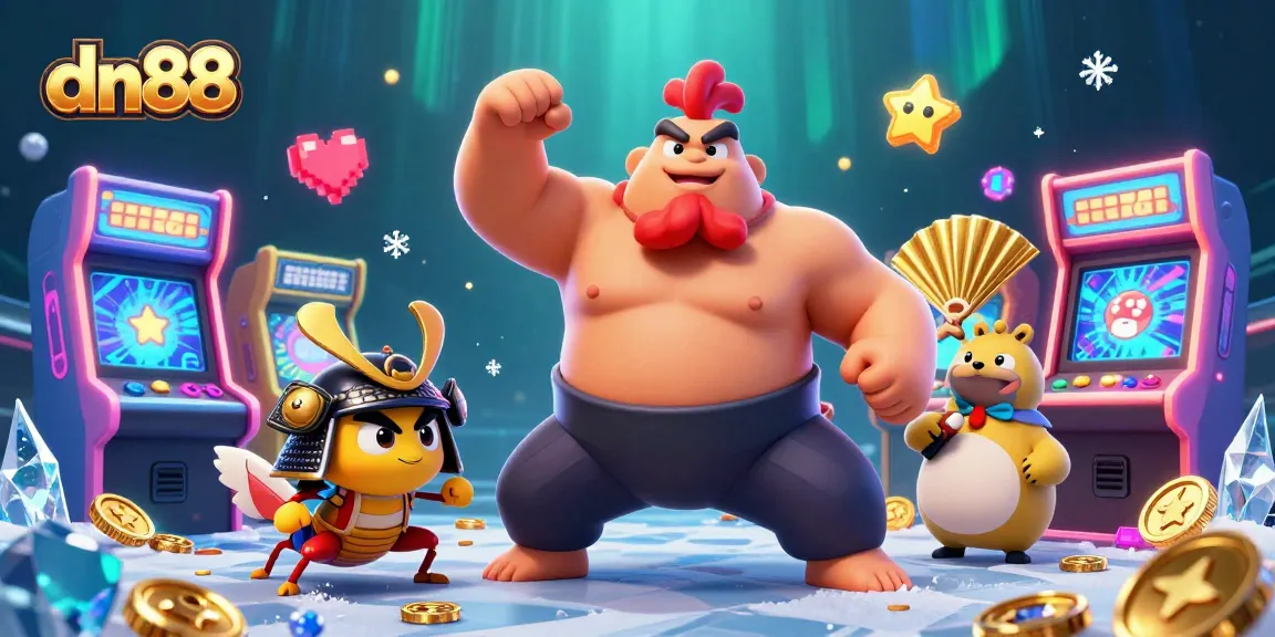 Engage with the vibrant dn88 scene featuring a sumo wrestler, samurai cricket, and tanuki in an arcade-style gaming environment.