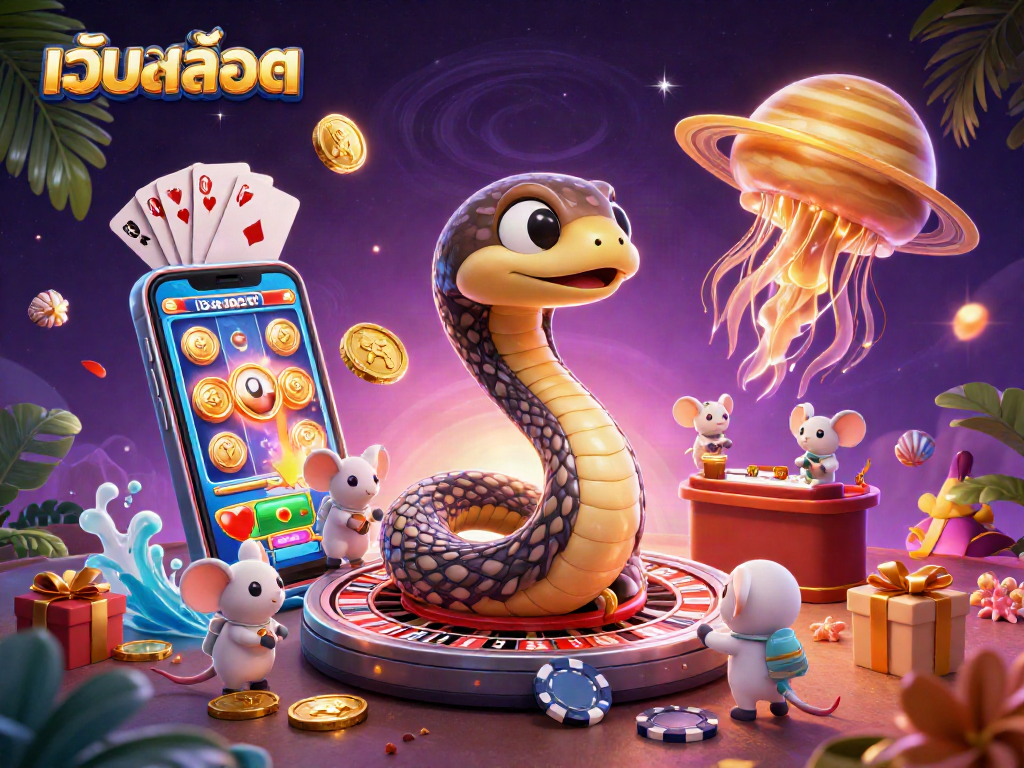 Engage with เว็บสล็อต through vibrant space-themed gaming illustration featuring dynamic casino characters.