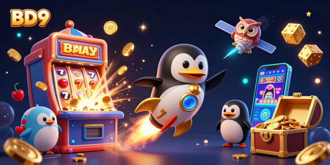 Experience the thrilling journey of the BD9 penguin, racing towards casino fun with bursting jackpots and colorful game elements!