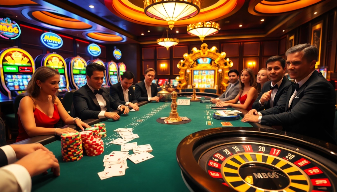 Exciting poker game scene at MB66 casino with vibrant chips and cards.
