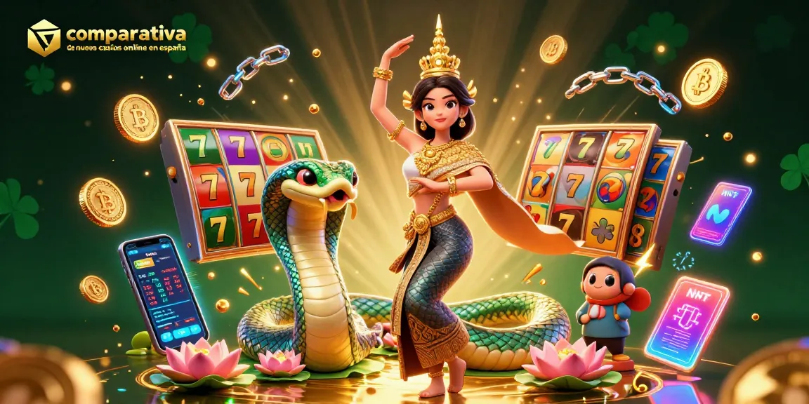 Comparativa de nuevos casinos online en España illustration featuring vibrant casino elements and characters.