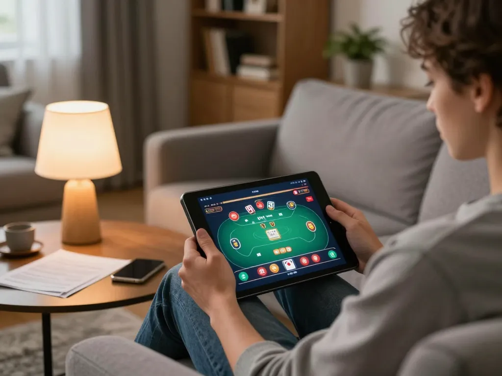 Engaging online poker game on tablet by iWin in a cozy living room setting