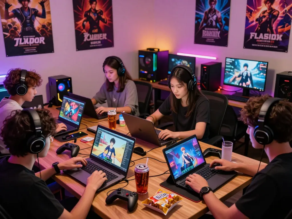 Players enjoying porngames on various devices, immersive and vibrant gaming atmosphere.