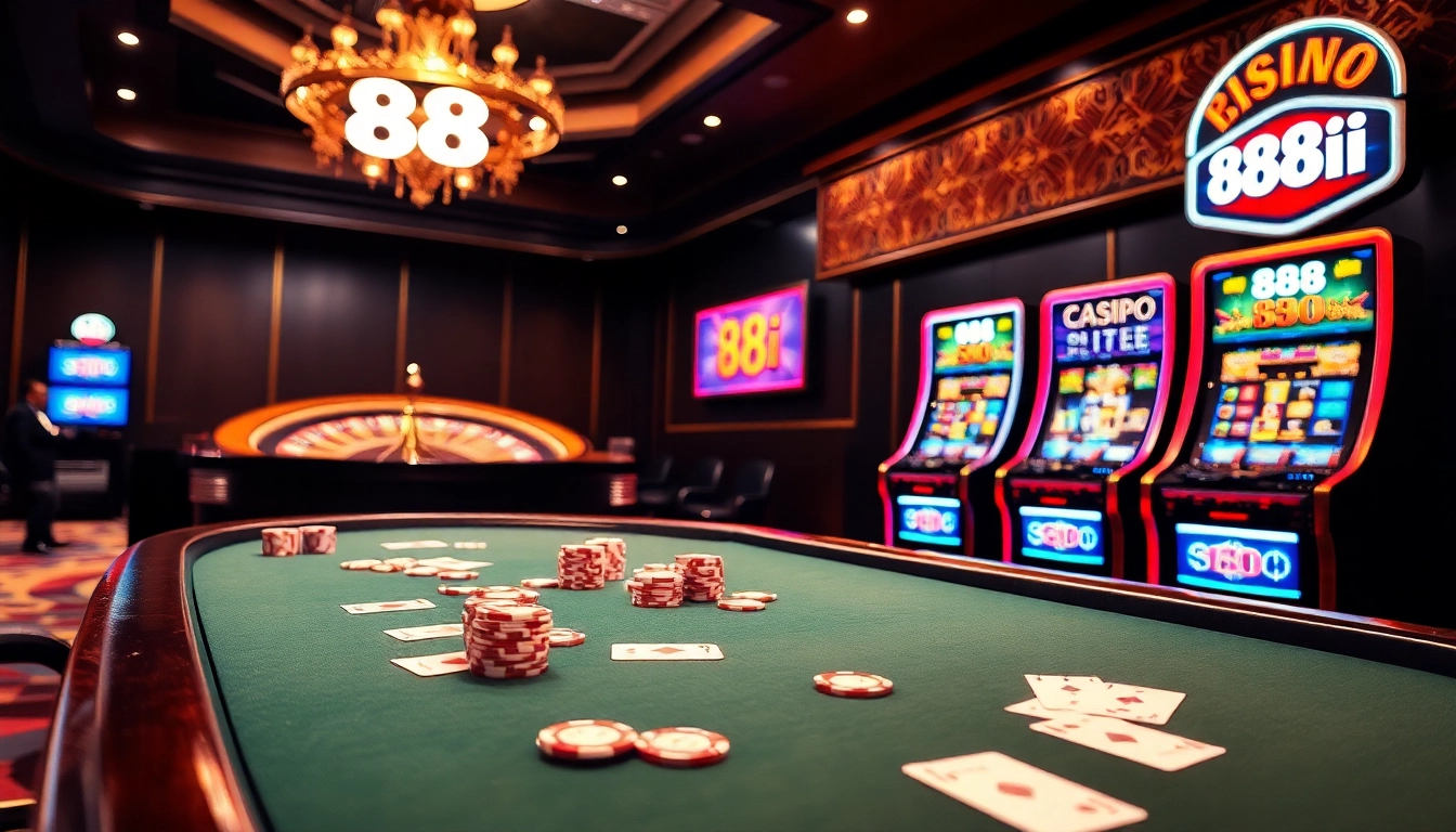 Experience the thrill of gaming at 88i with a vibrant casino scene featuring poker tables and roulette.