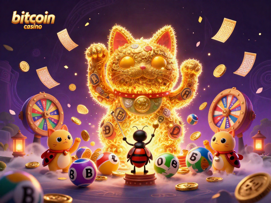 Experience the excitement of a vibrant bitcoin casino, featuring a lively lucky cat made of fireflies.