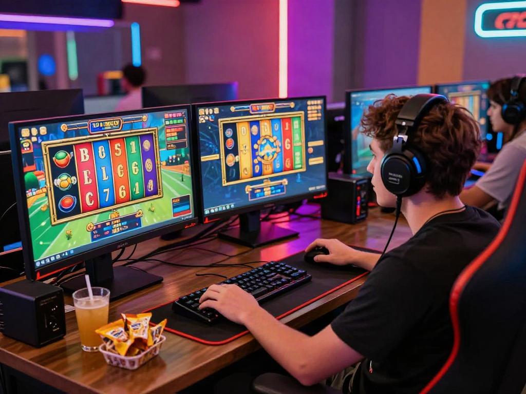 Exciting gaming atmosphere featuring a player engaged in a toto slot game with vibrant visuals and high-tech setup.