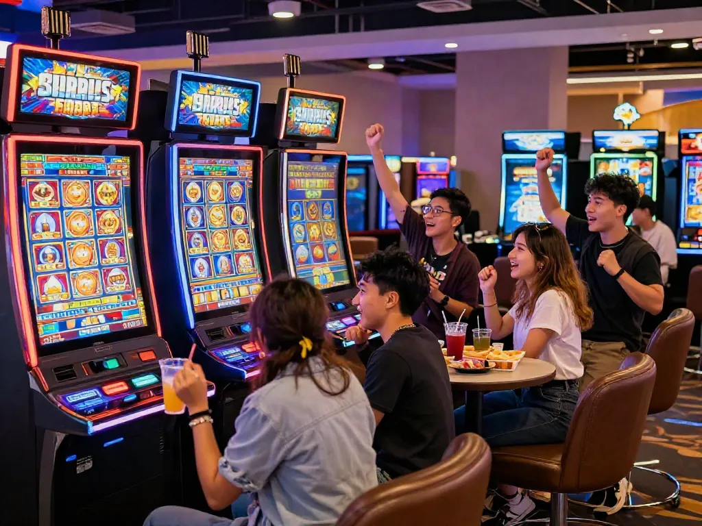 Group of friends celebrating a jackpot at a slot gacor machine in a lively casino.